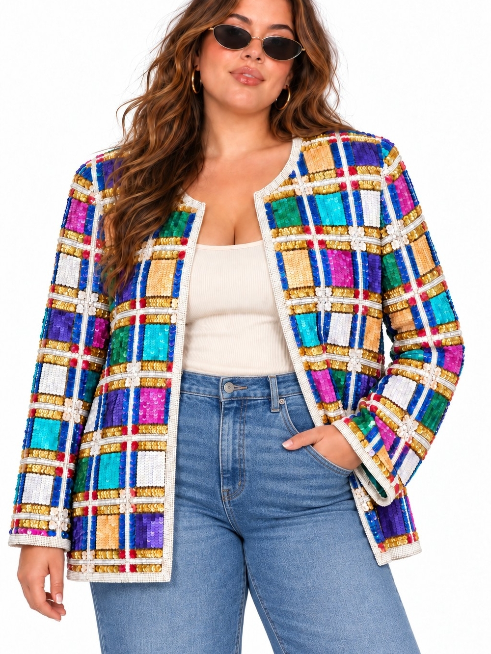 Vintage 80s Laurence Kazar 3X Silk Multicolor Sequin Beaded Jacket Dolly chic